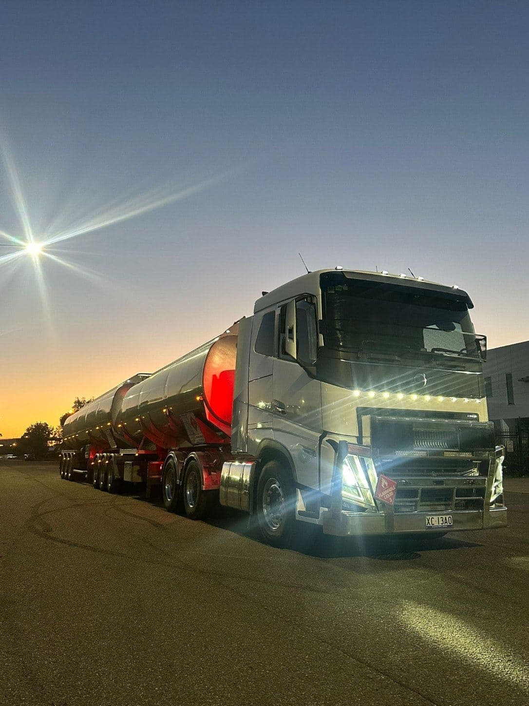 Volvo tanker at dusk